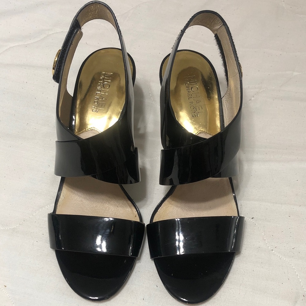 MICHAEL Michael Kors Black Patent Slingback Sandals with Gold Insole